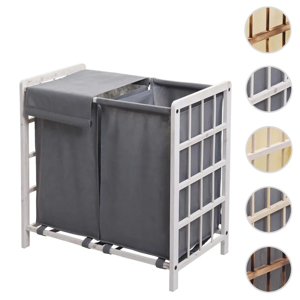 Wäschesammler MCW-B60, Laundry Wäschebox Wäschekorb, Massiv-Holz 2 Fächer 60x60x33cm 68l Shabby Weiß, Bezug Grau 9 Wäschesammler MCW-B60, Laundry Wäschebox Wäschekorb, Massiv-Holz 2 Fächer 60x60x33cm 68l Shabby Weiß, Bezug Grau – Bild 7