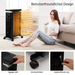 COSTWAY Ölradiator 3 Heizstufen 5-35℃ Für 20㎡, 7 Rippen Heizkörper 1500W, Elektrische Heizung Mobil Mit Thermostat, Überhitzungsschutz & Räder, Schwarz -Haushaltswaren Store 021a773bffb054753a532db42face3f8