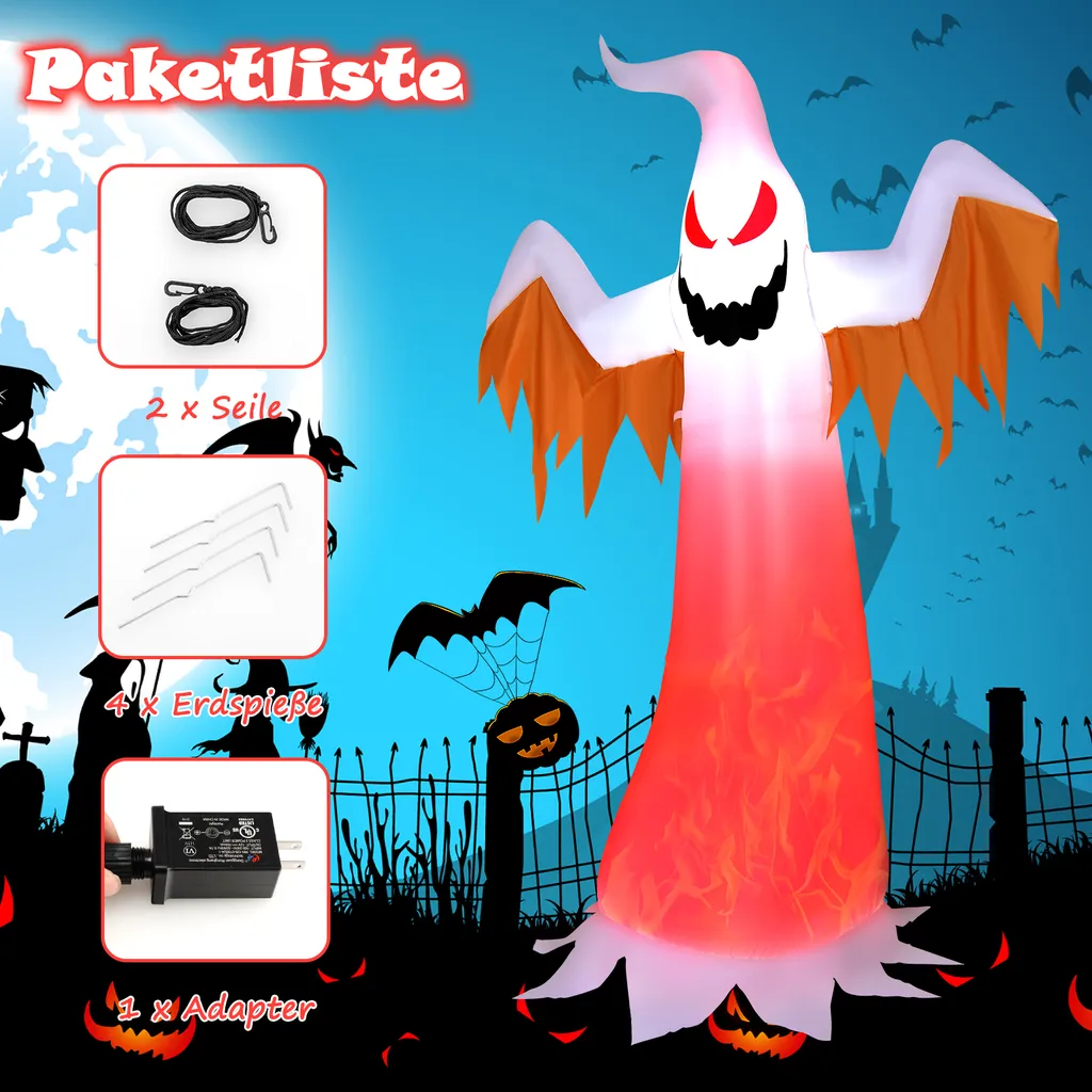 COSTWAY 180cm Aufblasbarer Geist Für Halloween, Selbstaufblasende Halloween-Dekoration Mit Roten LED-Lichtern, Schreckliche Dekogeis Für Hausgarten Rasen Garten Party 9 COSTWAY 180cm Aufblasbarer Geist Für Halloween, Selbstaufblasende Halloween-Dekoration Mit Roten LED-Lichtern, Schreckliche Dekogeis Für Hausgarten Rasen Garten Party – Bild 7