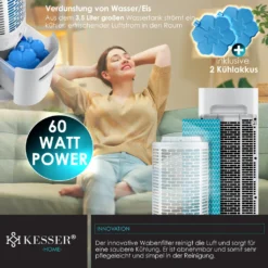KESSER® 4in1 Mobile Klimaanlage Tower Klimagerät Ventilator/Luftkühler/Luftbefeuchter/Ionisator, Mit Fernbedienung , Timer , Wassertank, 60W, Klima , 2 Kühlakkus Turmventilator, Farbe:Weiß / Schwarz -Haushaltswaren Store 075ecaff610f38745b85b7023e7ea6bb
