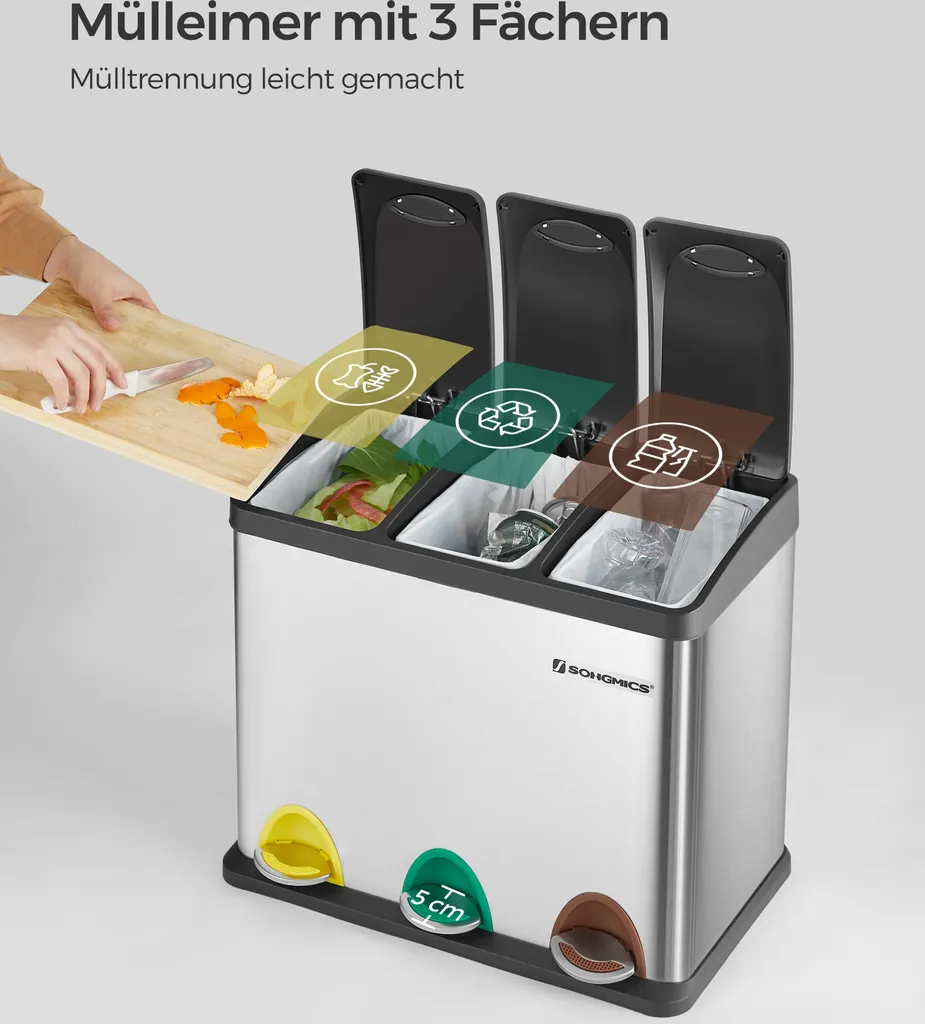 SONGMICS Mülleimer 24L, Edelstahl Abfalleimer Mit Inneneimer 3 X 8L 3-in-1Treteimer Trennsysteme LTB24L 5 SONGMICS Mülleimer 24L, Edelstahl Abfalleimer Mit Inneneimer 3 X 8L 3-in-1Treteimer Trennsysteme LTB24L – Bild 3