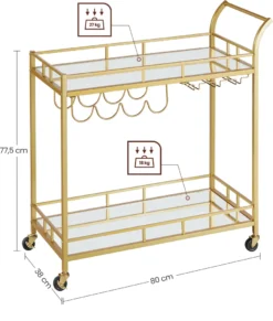 VASAGLE Servierwagen, Rollwagen, Gläserhalter, 2 Verspiegelte Glasablagen, Barwagen, Weinwagen, Für Küche, Esszimmer, Bar, Goldfarben -Haushaltswaren Store 0e9bc85f5573e13cf1216ac826e67079