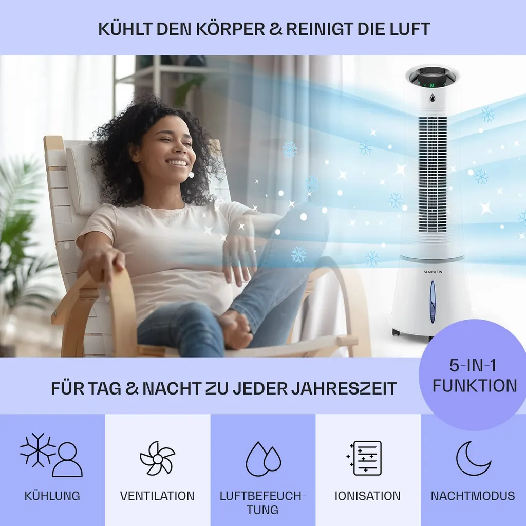 Klarstein Mobiles Klimagerät Ohne Abluftschlauch - Luftkühler Mit Wasser Ventilator Luftbefeuchter Luftreiniger Funktion - 6L Wassertank - Air Cooler Klimaanlage Mobil Mit Fernbedienung - Weiß 4 Klarstein Mobiles Klimagerät Ohne Abluftschlauch - Luftkühler Mit Wasser Ventilator Luftbefeuchter Luftreiniger Funktion - 6L Wassertank - Air Cooler Klimaanlage Mobil Mit Fernbedienung - Weiß – Bild 2