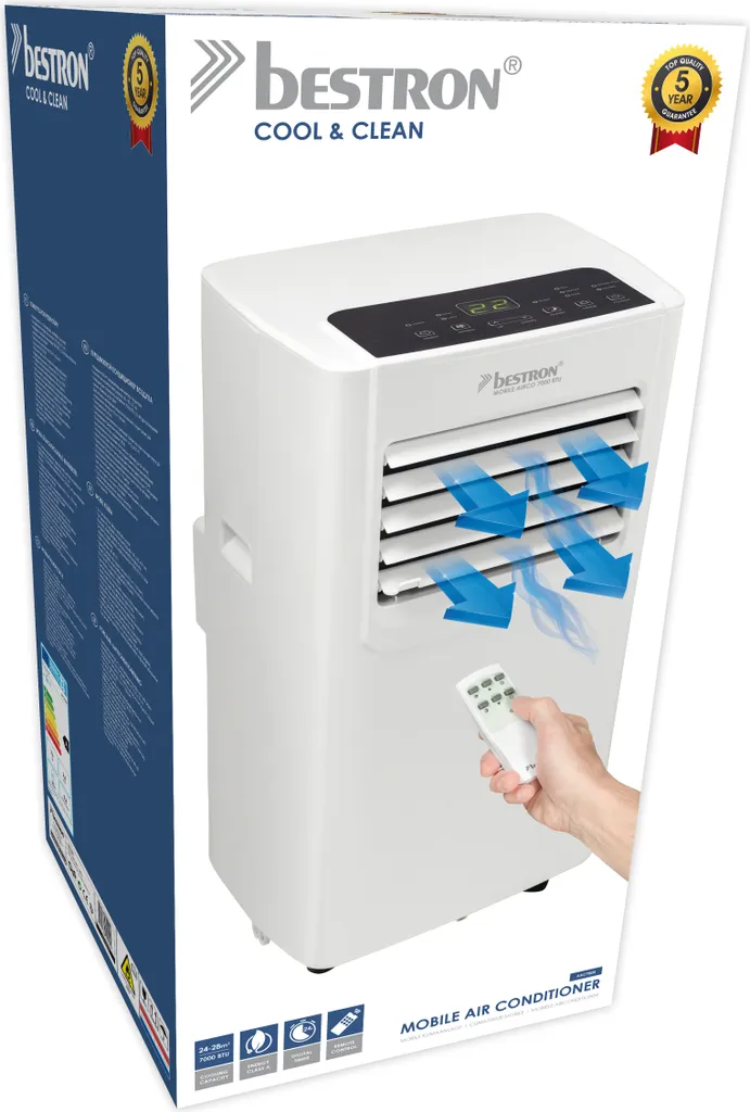 Bestron Mobile Klimaanlage, Klimagerät Für Räume Bis 24m², Kühlleistung 1,4 KW Mit Umweltfreundlichem Kühlmittel, 5.000BTU/h, Farbe: Weiß 6 Bestron Mobile Klimaanlage, Klimagerät Für Räume Bis 24m², Kühlleistung 1,4 KW Mit Umweltfreundlichem Kühlmittel, 5.000BTU/h, Farbe: Weiß – Bild 4