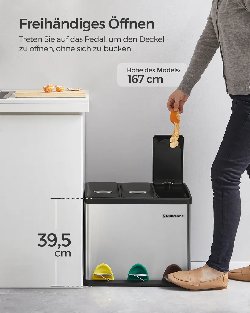 SONGMICS Mülleimer 24L, Edelstahl Abfalleimer Mit Inneneimer 3 X 8L 3-in-1Treteimer Trennsysteme LTB24L 7 SONGMICS Mülleimer 24L, Edelstahl Abfalleimer Mit Inneneimer 3 X 8L 3-in-1Treteimer Trennsysteme LTB24L – Bild 5