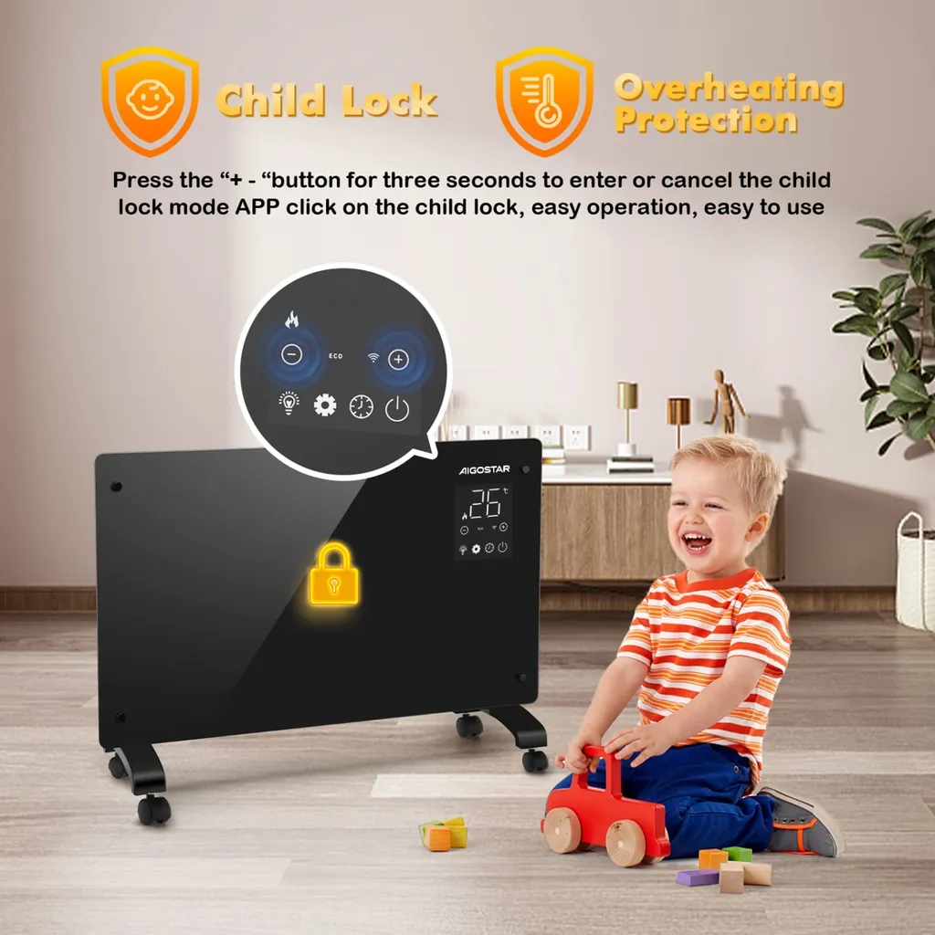 Aigostar Elektroheizung, Elektro Glasheizung, Konvektor-Heizung, LED Touchscreen Einstellbare Temperatur, 2000 W 7 Aigostar Elektroheizung, Elektro Glasheizung, Konvektor-Heizung, LED Touchscreen Einstellbare Temperatur, 2000 W – Bild 5