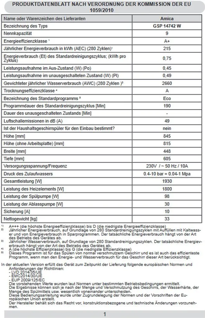 Amica GSP 14742 W, Stand-Geschirrspüler, 45 Cm, Weiß, 9 Maßgedecke, 4 Spülprogramme, 3 Temperaturen, 7 Amica GSP 14742 W, Stand-Geschirrspüler, 45 Cm, Weiß, 9 Maßgedecke, 4 Spülprogramme, 3 Temperaturen, – Bild 5