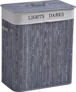 HOMCOM Wäschekorb Wäschebox Wäschesammler Mit Deckel Segeltuchsack Waschbarem Wäschesack Mit Griffen Segeltuch + Bambus Grau100L 52 X 32 X 63 Cm