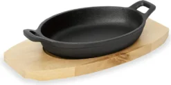 Bratpfanne / Servierpfanne Oval 24cm X 17cm Gusseisen Mit Holzuntersetzer