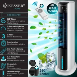 KESSER® 4in1 Mobile Klimaanlage Tower Klimagerät Ventilator/Luftkühler/Luftbefeuchter/Ionisator, Mit Fernbedienung , Timer , Wassertank, 60W, Klima , 2 Kühlakkus Turmventilator, Farbe:Weiß / Schwarz -Haushaltswaren Store 263047b340d18c61327aa9856ae4cbc8