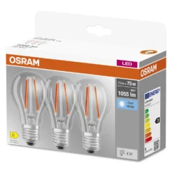 OSRAM LED BASE Classic A75, Klare Filament LED-Lampen Aus Glas Für E27 Sockel, Birnenform, Kaltweiß (4000K), 1055 Lumen, Ersatz Für Herkömmliche 75W-Glühbirnen, 3er-Box -Haushaltswaren Store 27539bd71daa8cd7d775754b562d2161