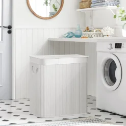 SONGMICS Wäschekorb, 150 L, Wäschesammler, Aus Bambus, Wäschetruhe Mit Griffen, 3 Fächern, Deckel Mit Clips, Faltbar, Für Waschküche, Schlafzimmer, Bad, Weiß LCB091W01 -Haushaltswaren Store 278597b7cb6ff12ffc9a0560a731f47d
