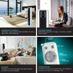 KESSER® 4in1 Mobile Klimaanlage Tower Klimagerät Ventilator/Luftkühler/Luftbefeuchter/Ionisator, Mit Fernbedienung , Timer , Wassertank, 60W, Klima , 2 Kühlakkus Turmventilator, Farbe:Weiß / Schwarz -Haushaltswaren Store 295b61dbff5e178729cbfbe92c6dc1a7