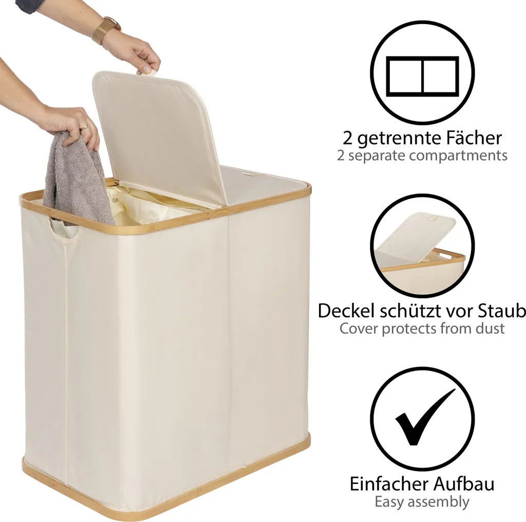 ONVAYA® Wäschekorb Mit Deckel | 2 Fächer | Beige | Wäschesammler Fürs Badezimmer | Wäschetruhe Aus Bambus-Holz & Oxford-Stoff | Design Wäschebox | Wäschesortierer 6 ONVAYA® Wäschekorb Mit Deckel | 2 Fächer | Beige | Wäschesammler Fürs Badezimmer | Wäschetruhe Aus Bambus-Holz & Oxford-Stoff | Design Wäschebox | Wäschesortierer – Bild 4