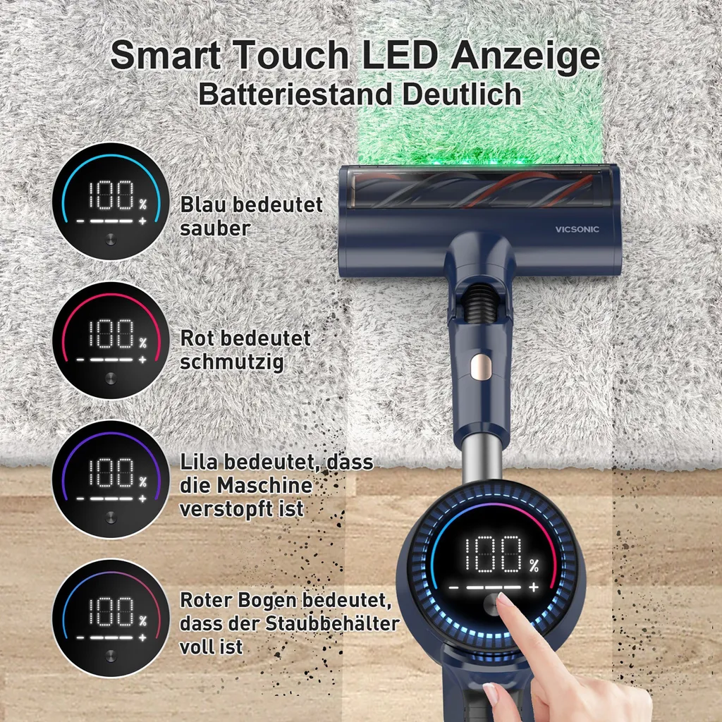 VICSONIC S7 Akku Staubsauger, 30000PA/480W Starke Saugleistung Staubsauger Kabellos Bis Zu 65 Min Laufzeit, 7-in-1 Staubsauger Beutellos, Smartes Touch Display, 180 ° Faltbar, 4 Leistungstufe, Blau 10 VICSONIC S7 Akku Staubsauger, 30000PA/480W Starke Saugleistung Staubsauger Kabellos Bis Zu 65 Min Laufzeit, 7-in-1 Staubsauger Beutellos, Smartes Touch Display, 180 ° Faltbar, 4 Leistungstufe, Blau – Bild 8