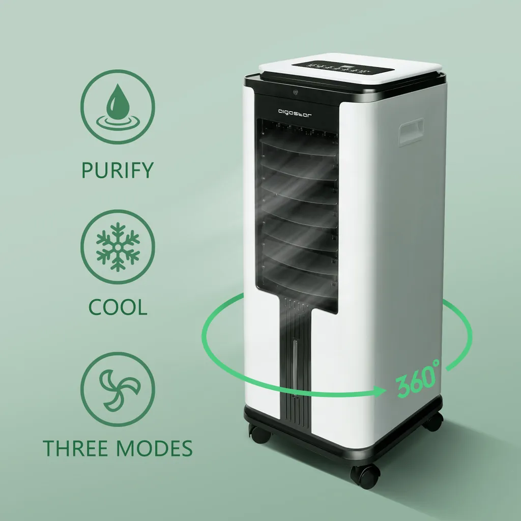 Aigostar Air Cooler, 3-in-1 Mobiles Klimagerät Ohne Abluftschlauch Mit Wasserkühlung, Luftkühler Mit Verdunstungskühlung, Ventilator, Luftbefeuchter, 7L Wassertank, Fernbedienung, 12Std Timer, 75W 5 Aigostar Air Cooler, 3-in-1 Mobiles Klimagerät Ohne Abluftschlauch Mit Wasserkühlung, Luftkühler Mit Verdunstungskühlung, Ventilator, Luftbefeuchter, 7L Wassertank, Fernbedienung, 12Std Timer, 75W – Bild 3