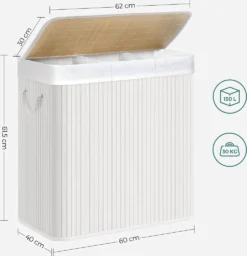 SONGMICS Wäschekorb, 150 L, Wäschesammler, Aus Bambus, Wäschetruhe Mit Griffen, 3 Fächern, Deckel Mit Clips, Faltbar, Für Waschküche, Schlafzimmer, Bad, Weiß LCB091W01 -Haushaltswaren Store 2e3566ec27b26ed76433b93705955853