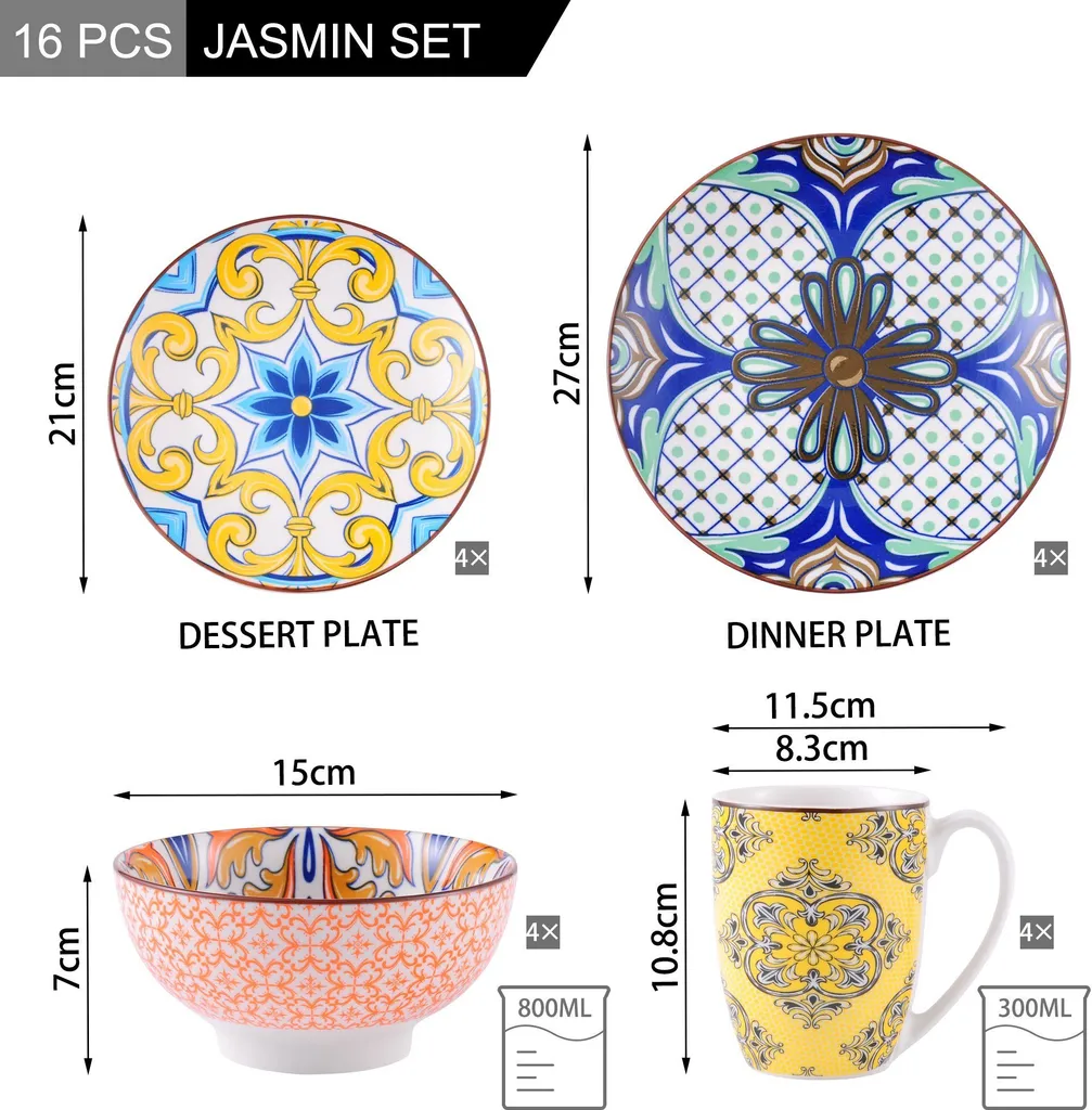 Vancasso Tafelservice Porzellan, JASMIN 16 Teiliges Essgeschirr Kombiservice, Handbemaltes Geschirrset Für 4 Personen, Böhmischer Stil 4 Vancasso Tafelservice Porzellan, JASMIN 16 Teiliges Essgeschirr Kombiservice, Handbemaltes Geschirrset Für 4 Personen, Böhmischer Stil – Bild 2