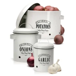 Klarstein Granrosi Georgia Vorratsbehälter Vorratstopf 3er-Set , Knoblauchtopf, Zwiebeltopf, Kartoffeltopf , Emaille-Stahlblech , Rostfrei , Lüftungsöffnungen , Vintage-Design , Creme