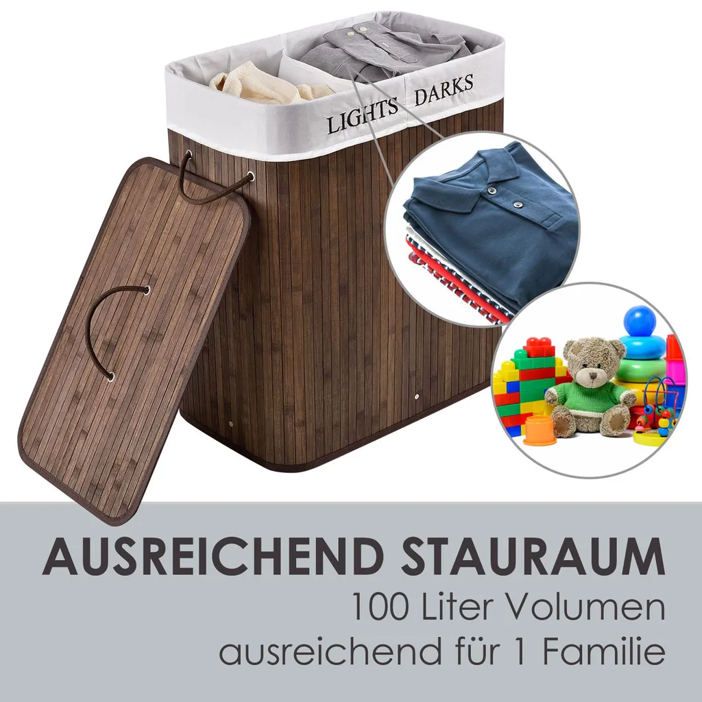 Juskys Bambus Wäschekorb Curly – 100 Liter Wäschesammler Mit Deckel, Griff & Stoff Wäschesack – 2 Fächer Wäschesortierer – Wäschebox In Braun 5 Juskys Bambus Wäschekorb Curly – 100 Liter Wäschesammler Mit Deckel, Griff & Stoff Wäschesack – 2 Fächer Wäschesortierer – Wäschebox In Braun – Bild 3