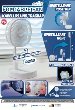 Starlyf® Foldable Fan – Wiederaufladbarer, Kabelloser Und Zusammenklappbarer Ventilator, Akkubetrieb Mit 3 Geschwindigkeiten, 2in1 - Tischventilator Und Standventilator – Aus Der TV Werbung -Haushaltswaren Store 34f6898c36299fdd48cbe883dec23794