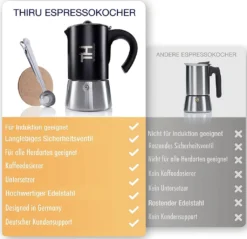 Thiru Espressokocher Induktion L Premium Mokkakanne Aus Edelstahl Inkl. Toolset (Schwarz, 6 Tassen (300ml)) -Haushaltswaren Store 36004164f0620d7615386d2077154823
