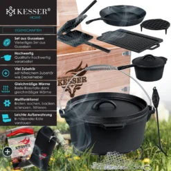 KESSER® Dutch Oven Set In Holzkiste Mit Dutch Oven Mit Viel Zubehör - Gusseisen - Bereits Eingebrannt Mit Kochtopf Grillplatte Pfanne Deckelheber Inkl. Rezeptbuch Handschuhe, Farbe:12-Teilig -Haushaltswaren Store 38df38343abbbd4d0400d305fbafd466