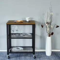 Meerveil Retro Servierwagen, 3 Ebenen Küchenwagen, Rollwagen Auf 4 Rollen, Küchenregal Aus Holz Und Metall, Für Küche Und Wohnzimmer, Vintagebraun-schwarz -Haushaltswaren Store 3a021c75a32be5ad51e7b6d967a88c54