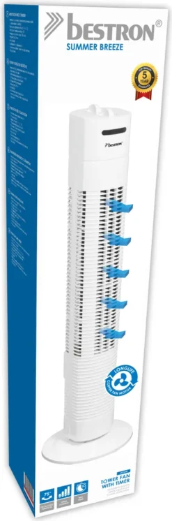 Bestron Turmventilator Mit 3 Geschwindigkeitsstufen, Inkl. 75° Oszillation-Funktion, Timer, Höhe: 78cm, 35W, AFT760Z, Farbe: Weiß -Haushaltswaren Store 3a84b77c98f7f513761621e172e58887