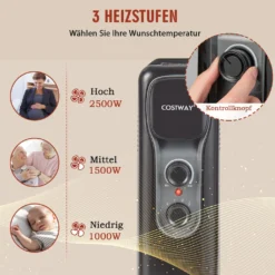 COSTWAY 2500W Ölradiator 11 Rippen Heizkörper 5-35℃, Elektrische Heizung 3 Heizstufen Mobil Mit Räder, Überhitzungsschutz -Haushaltswaren Store 3cd52e8d748394605735f76471c64b7f