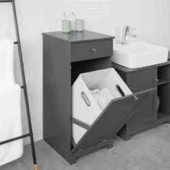 SoBuy BZR21-DG Wäscheschrank Mit Ausklappbarem Wäschesack Wäschetruhe Wäschesammler Mit Schubladen Badschrank Grau BHT Ca: 40x90x38cm -Haushaltswaren Store 3dbca6bc2d188bdd71354a911d81e39f