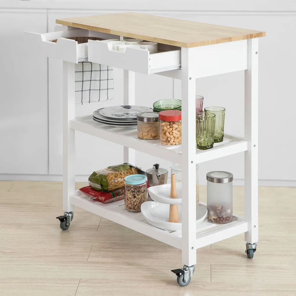 SoBuy Küchenwagen Mit 2 Schubladen Rollwagen Konsolentisch Weiß FKW68-WN 4 SoBuy Küchenwagen Mit 2 Schubladen Rollwagen Konsolentisch Weiß FKW68-WN – Bild 2