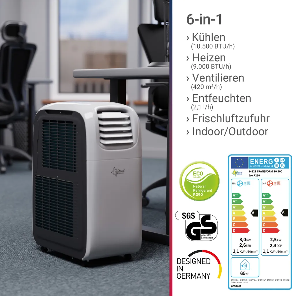 SUNTEC Mobiles Lokales Klimagerät Transform 10.500 Eco R290 | Für Räume Bis 46 M2 | Inkl. Abluftschlauch | Kühler Und Entfeuchter Mit ökologischem Kühlmittel R290 | 10.500 BTU/h 4 SUNTEC Mobiles Lokales Klimagerät Transform 10.500 Eco R290 | Für Räume Bis 46 M2 | Inkl. Abluftschlauch | Kühler Und Entfeuchter Mit ökologischem Kühlmittel R290 | 10.500 BTU/h – Bild 2