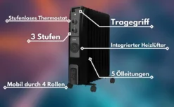 Adler Zilan 9 Rippen Öl Radiator 2.500 Watt | Integrierter Heizlüfter | Elektroheizung | Heizstrahler | 3 Heizstufen | 5 Ölleitungen | Thermostat -Haushaltswaren Store 488f75afb9391a9448057c2ecec61ac8