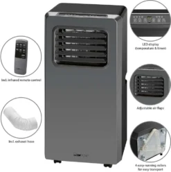 Clatronic Klimagerät CL 3672 Mit LED-Display - Farbe: Anthrazit/Silber - Funktionen: Kühlen, Entfeuchten, Gebläse - 880 W - Inkl. 1,5 M Abluftschlauch + Fensterabluft-Kit + Infrarot-Fernbedienung; 263 808 -Haushaltswaren Store 49722033198b59d8732a047af0d5bca7