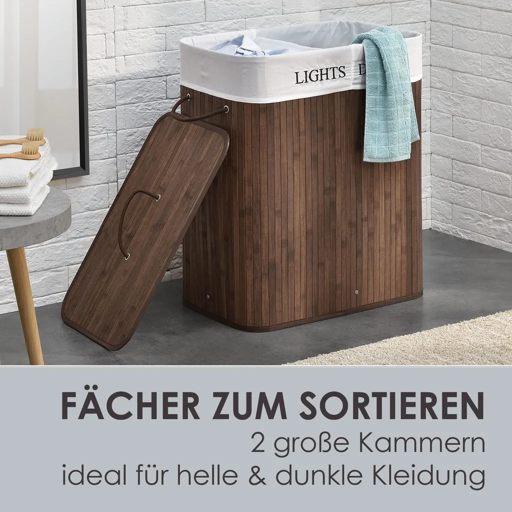 Juskys Bambus Wäschekorb Curly – 100 Liter Wäschesammler Mit Deckel, Griff & Stoff Wäschesack – 2 Fächer Wäschesortierer – Wäschebox In Braun 10 Juskys Bambus Wäschekorb Curly – 100 Liter Wäschesammler Mit Deckel, Griff & Stoff Wäschesack – 2 Fächer Wäschesortierer – Wäschebox In Braun – Bild 8