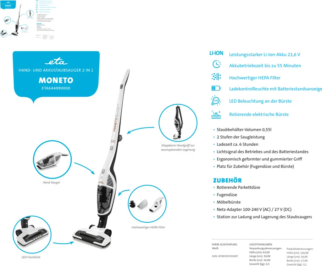 ETA MONETO-LI ION ETA644990000 Leistungsstarker 2-in-1-Stiel- Und Handstaubsauger, Betriebszeit Von Bis Zu 55 Minuten, HEPA-Filter, LED-Beleuchtung, 21,6 V Li-Ion-Akku 15 ETA MONETO-LI ION ETA644990000 Leistungsstarker 2-in-1-Stiel- Und Handstaubsauger, Betriebszeit Von Bis Zu 55 Minuten, HEPA-Filter, LED-Beleuchtung, 21,6 V Li-Ion-Akku – Bild 13
