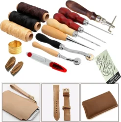 14 Stück Leder Werkzeug Set - Leder Handwerk Handnähen Werkzeuge Mit Nadeln, Gewinde, Maßband, Bohrer Für Leder Leinwand Nähen