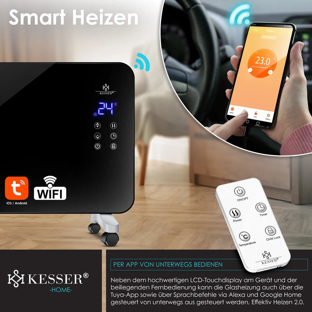 KESSER® Elektro Glasheizung Konvektor Elektroheizung Heizung Heizkörper Touch Display, Modell:Schwarz / 2000 Watt 8 KESSER® Elektro Glasheizung Konvektor Elektroheizung Heizung Heizkörper Touch Display, Modell:Schwarz / 2000 Watt – Bild 6