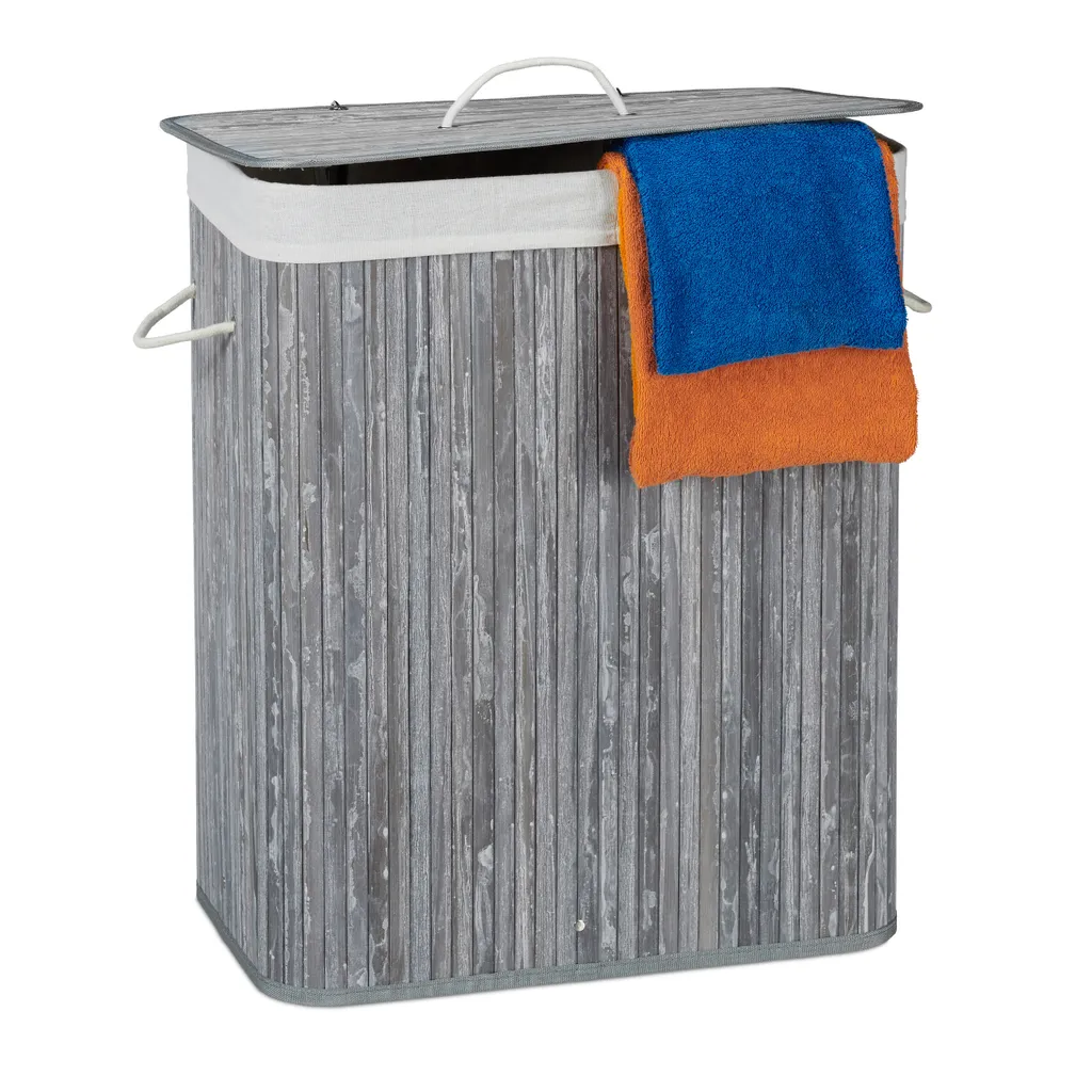 Relaxdays 1 X Wäschekorb Bambus Mit 2 Fächern Grau 3 Relaxdays 1 X Wäschekorb Bambus Mit 2 Fächern Grau