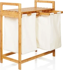 Lumaland Wäschekorb Aus Bambus, Mit 2 Ausziehbaren Wäschesäcken, Ca. 73 X 64 X 33 Cm Beige