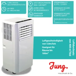 JUNG AIR TV05 Mobiles Klimagerät Mit Fernbedienung + Abluft-Schlauch - 3,2 KW/11000 BTU - STROMSPAREND, GERÄUSCHARM -100m³ Raum Kühlung, Klimaanlage Mobil Leise, Weiß -Haushaltswaren Store 65fd32cd257322d63d8581747e386cd7