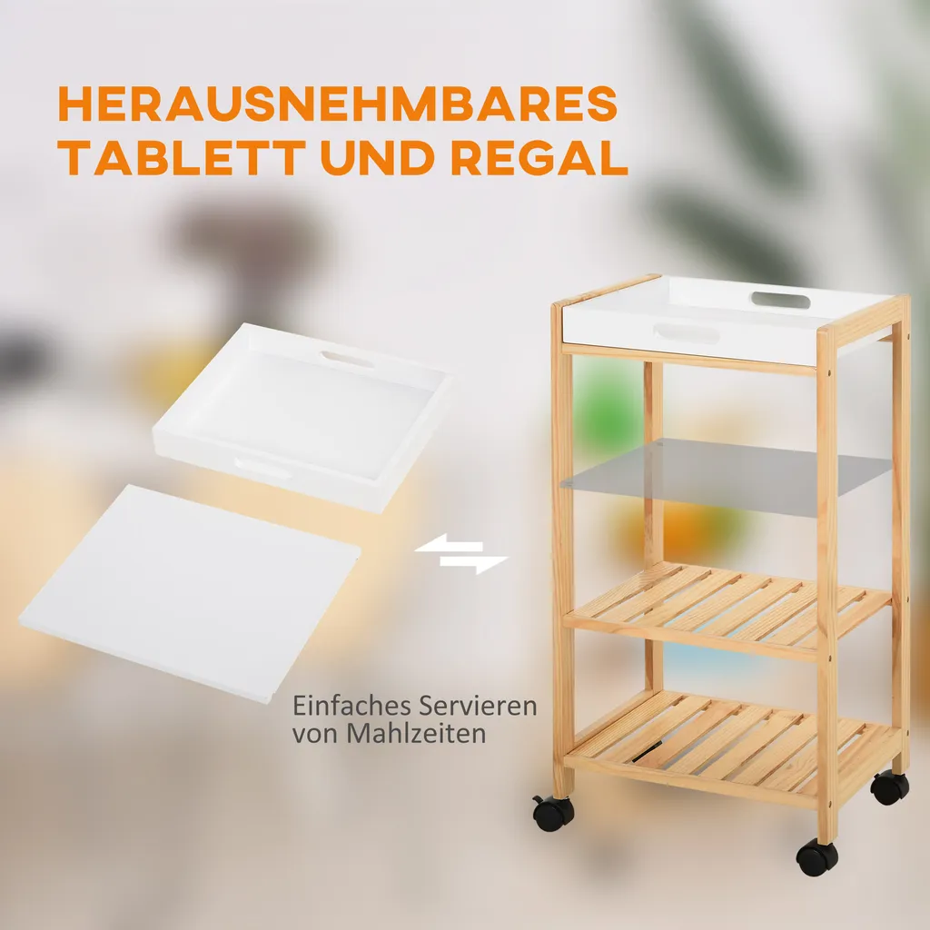 HOMCOM Küchenwagen, Küchenrollwagen, Servierwagen Mit Ablage, Abnehmbares Tablett Kiefer Weiß+Natur 40 X 30 X 76 Cm 6 HOMCOM Küchenwagen, Küchenrollwagen, Servierwagen Mit Ablage, Abnehmbares Tablett Kiefer Weiß+Natur 40 X 30 X 76 Cm – Bild 4