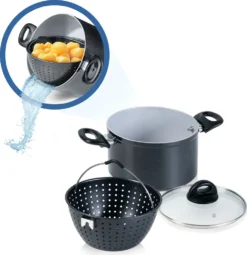 Genius Cerafit Magic Pot Kochtopf-Set 20cm - Topf 3,7l Mit Siebeinsatz & Glas-Deckel Für Einfaches Kochen, Drehen, Dünsten & Servieren; A24661