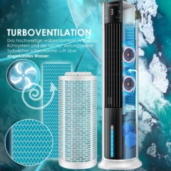 KESSER® 4in1 Mobile Klimaanlage Tower Klimagerät Ventilator/Luftkühler/Luftbefeuchter/Ionisator, Mit Fernbedienung , Timer , Wassertank, 60W, Klima , 2 Kühlakkus Turmventilator, Farbe:Weiß / Schwarz -Haushaltswaren Store 6a57519e767f622d480e86b4b71764aa