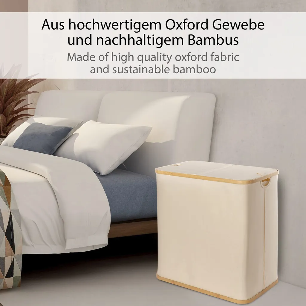 ONVAYA® Wäschekorb Mit Deckel | 2 Fächer | Beige | Wäschesammler Fürs Badezimmer | Wäschetruhe Aus Bambus-Holz & Oxford-Stoff | Design Wäschebox | Wäschesortierer 8 ONVAYA® Wäschekorb Mit Deckel | 2 Fächer | Beige | Wäschesammler Fürs Badezimmer | Wäschetruhe Aus Bambus-Holz & Oxford-Stoff | Design Wäschebox | Wäschesortierer – Bild 6
