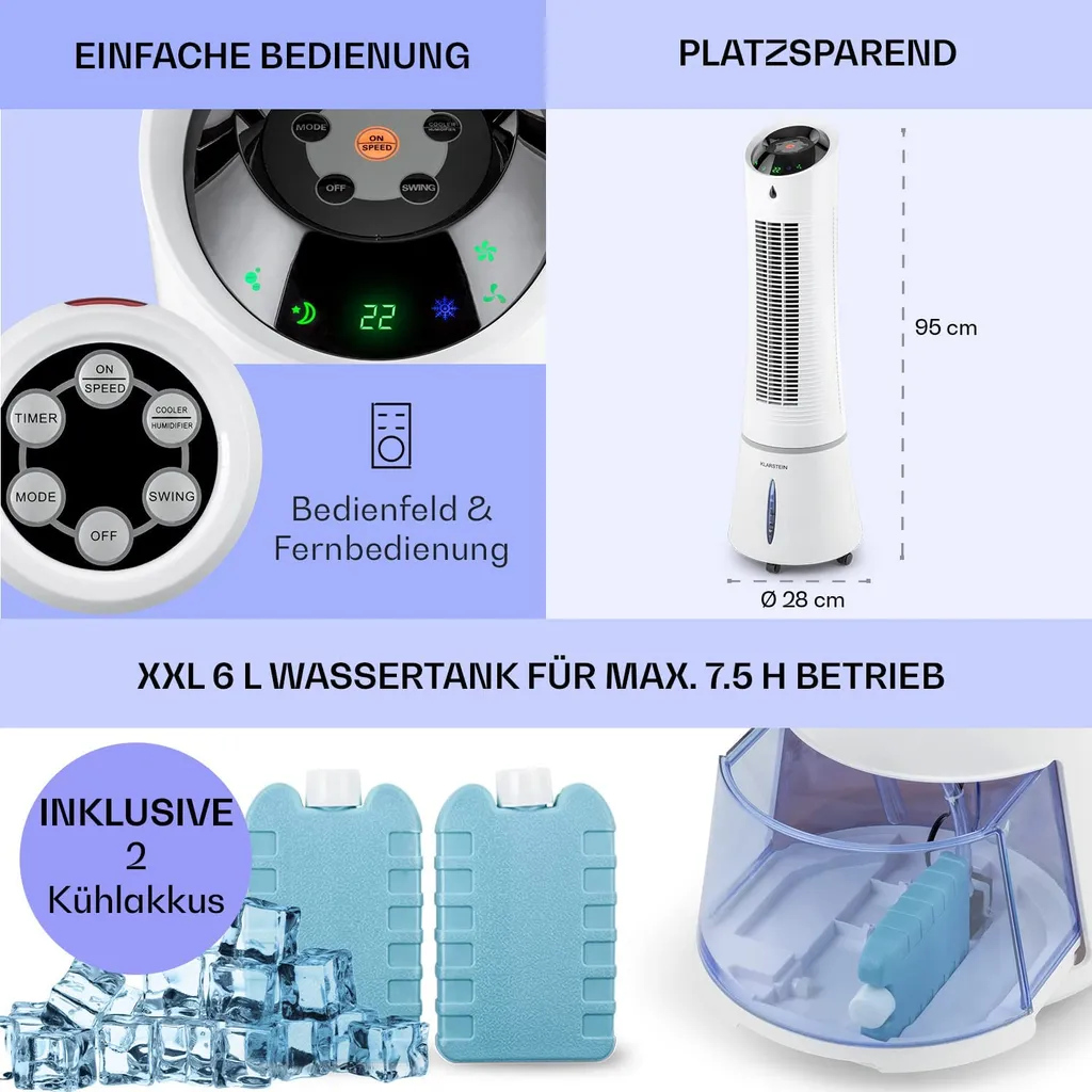 Klarstein Mobiles Klimagerät Ohne Abluftschlauch - Luftkühler Mit Wasser Ventilator Luftbefeuchter Luftreiniger Funktion - 6L Wassertank - Air Cooler Klimaanlage Mobil Mit Fernbedienung - Weiß 8 Klarstein Mobiles Klimagerät Ohne Abluftschlauch - Luftkühler Mit Wasser Ventilator Luftbefeuchter Luftreiniger Funktion - 6L Wassertank - Air Cooler Klimaanlage Mobil Mit Fernbedienung - Weiß – Bild 6