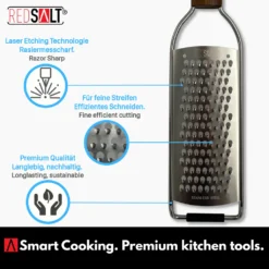 REDSALT® Premium Parmesanreibe Mit Holzgriff | Rasiermesserscharfe Profi Julienne Edelstahl Reibe Für Feine Gemüsestreifen Karotte Zucchini Kartoffel Obst Apfel | Küchenreibe Hobel Raspel Für Käse -Haushaltswaren Store 6eddfb5daf515bd642f5412276eeeb87