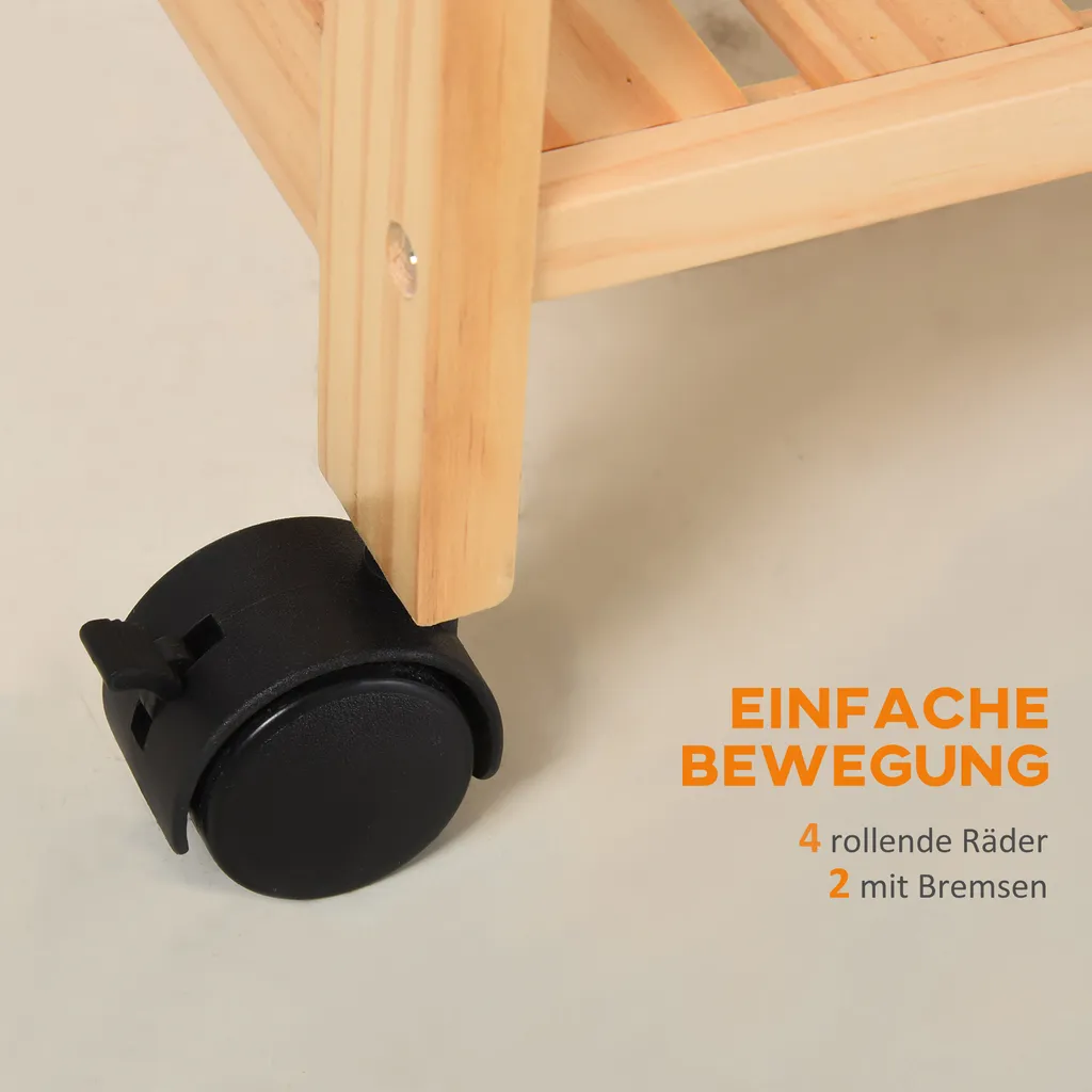 HOMCOM Küchenwagen, Küchenrollwagen, Servierwagen Mit Ablage, Abnehmbares Tablett Kiefer Weiß+Natur 40 X 30 X 76 Cm 7 HOMCOM Küchenwagen, Küchenrollwagen, Servierwagen Mit Ablage, Abnehmbares Tablett Kiefer Weiß+Natur 40 X 30 X 76 Cm – Bild 5