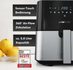 Clatronic® Heißluftfritteuse XXL - 5L Fritteuse Heißluft Für Fettfreies Frittieren, Edelstahl-Airfryer Mit Digitalem Touchscreen, 360° Air-Flow, Heißluft-Friteuse Mit 8 Programmen, 1450W - FR 3782 H -Haushaltswaren Store 705dcacf905f88a81bc2f8a07fade589